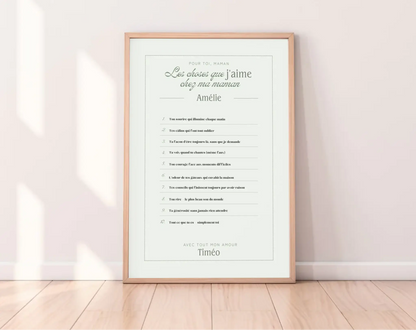 Affiche personnalisée Les choses que j'aime chez ma maman - Cadeau Fête des Mères FLTM