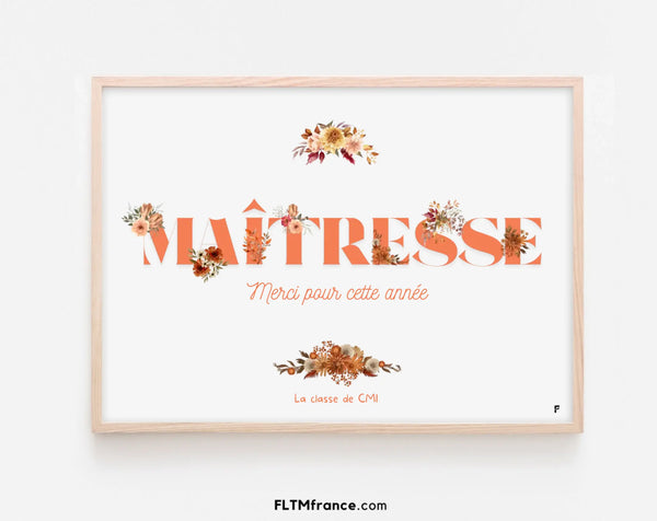 Affiche personnalisée Maîtresse avec fleurs aquarelle