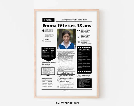 Affiche personnalisée anniversaire 13 ans – Année de naissance FLTM