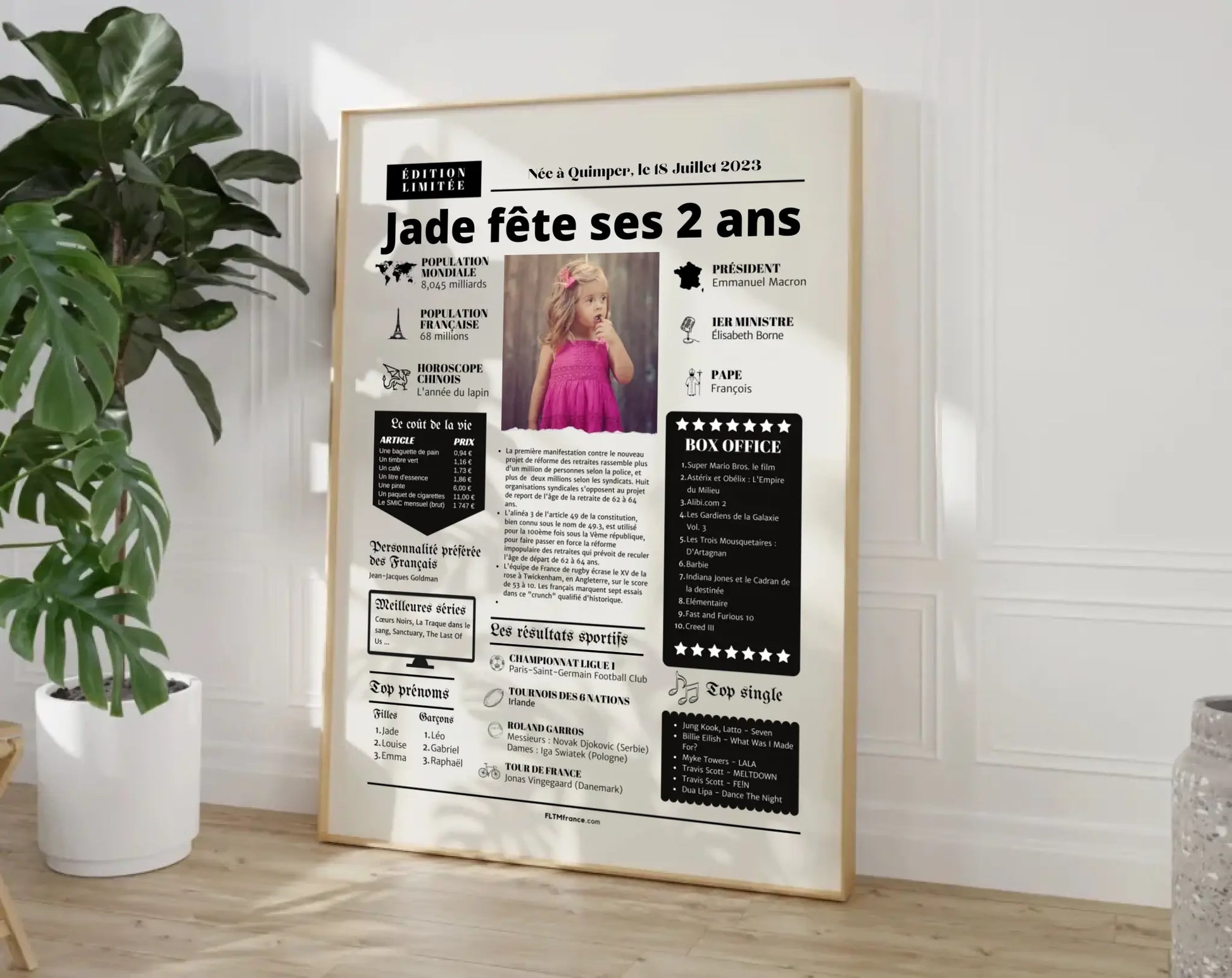 Affiche personnalisée anniversaire 2 ans – Année de naissance FLTM
