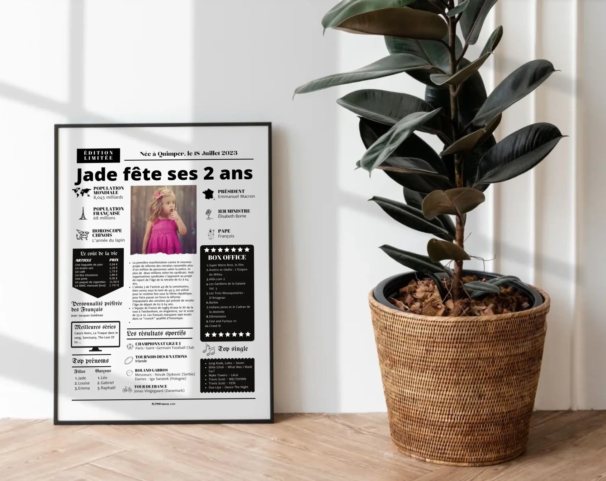 Affiche personnalisée anniversaire 2 ans – Année de naissance FLTM