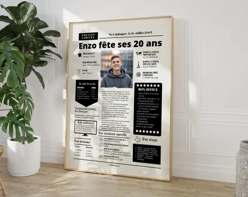 Affiche personnalisée anniversaire 20 ans - Année de naissance FLTMfrance