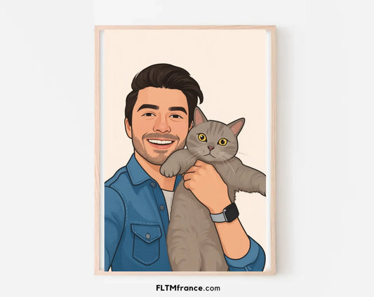 Affiche personnalisée dessin réaliste avec chat – Portrait digital FLTM