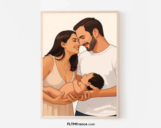 Affiche personnalisée dessin réaliste couple avec bébé – Portrait digital illustration FLTM