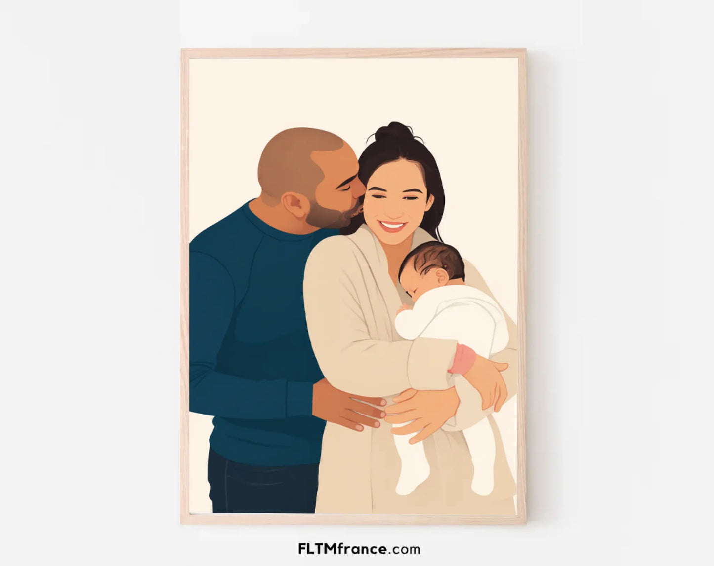 Affiche personnalisée dessin réaliste couple avec bébé – Portrait digital illustration FLTM