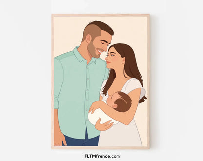 Affiche personnalisée dessin réaliste couple avec bébé – Portrait digital illustration FLTM