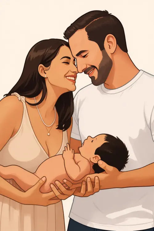 Affiche personnalisée dessin réaliste couple avec bébé – Portrait digital illustration FLTM