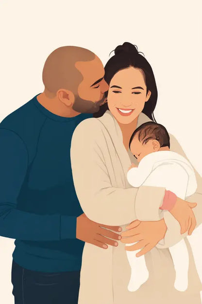 Affiche personnalisée dessin réaliste couple avec bébé – Portrait digital illustration FLTM
