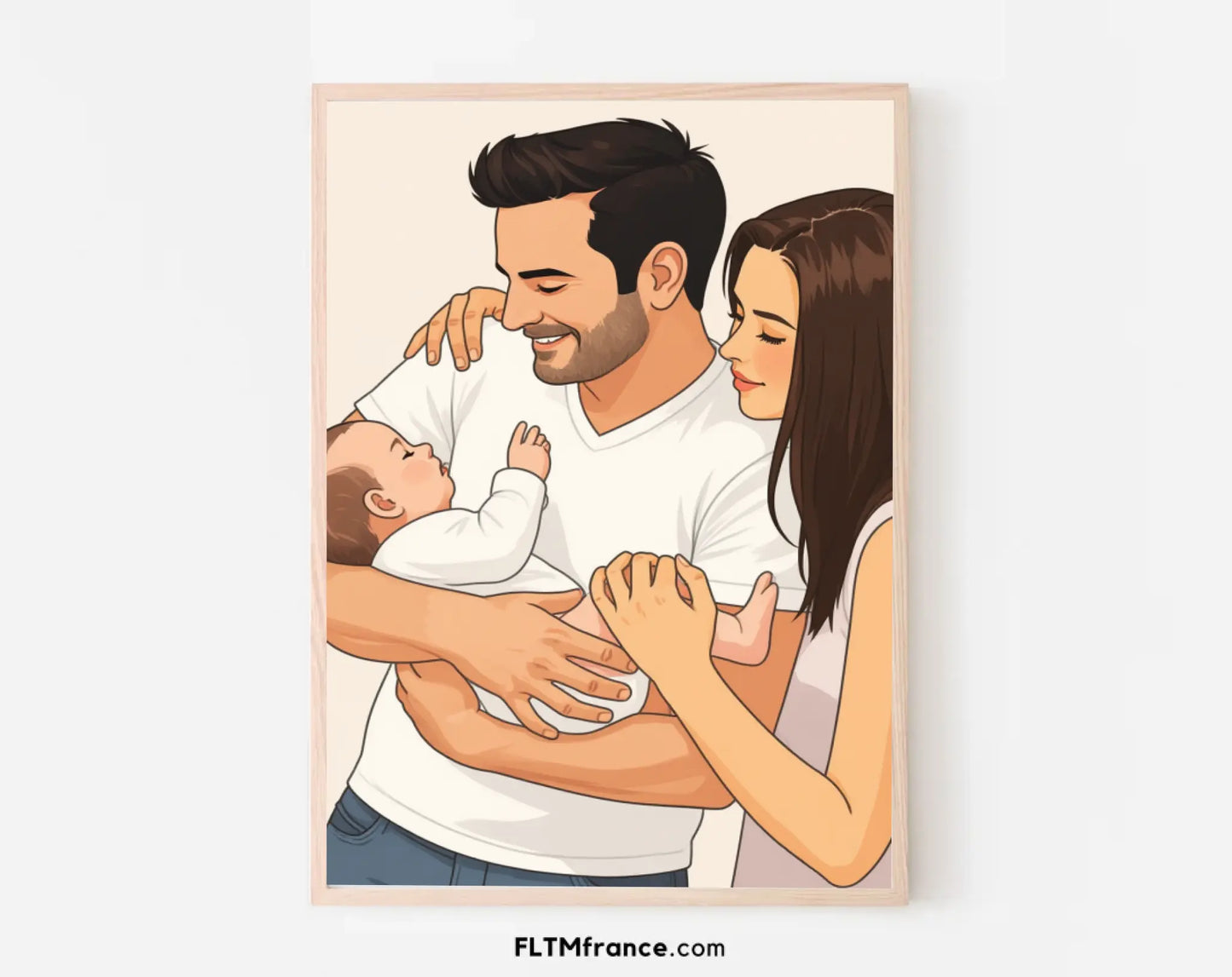 Affiche personnalisée dessin réaliste couple avec bébé – Portrait digital illustration FLTM