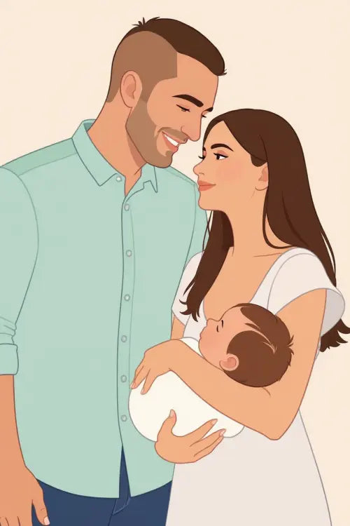 Affiche personnalisée dessin réaliste couple avec bébé – Portrait digital illustration FLTM