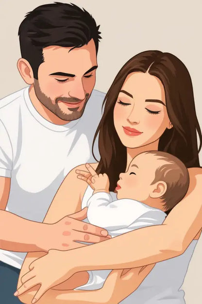Affiche personnalisée dessin réaliste couple avec bébé – Portrait digital illustration FLTM