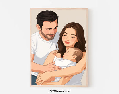 Affiche personnalisée dessin réaliste couple avec bébé – Portrait digital illustration FLTM