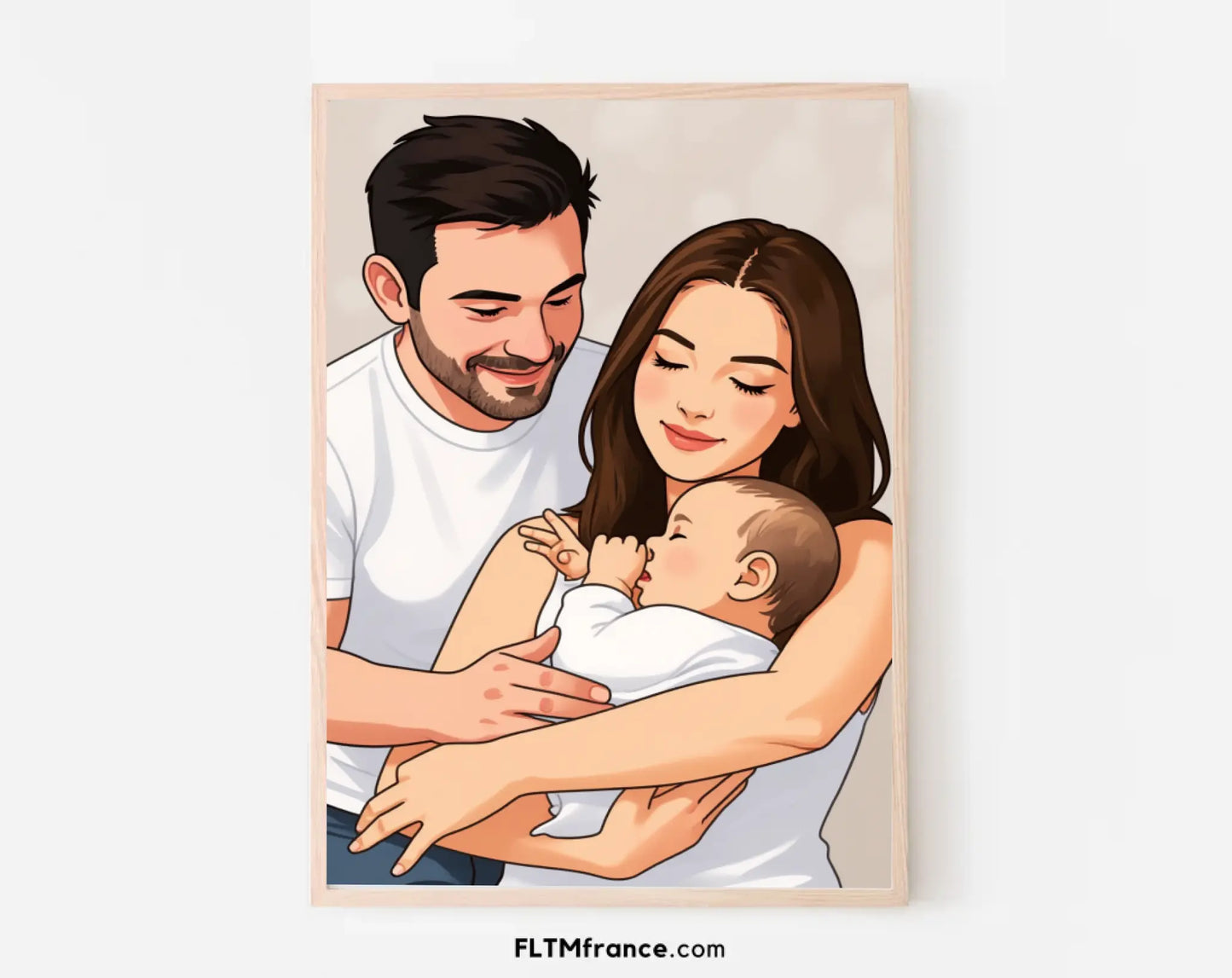 Affiche personnalisée dessin réaliste couple avec bébé – Portrait digital illustration FLTM