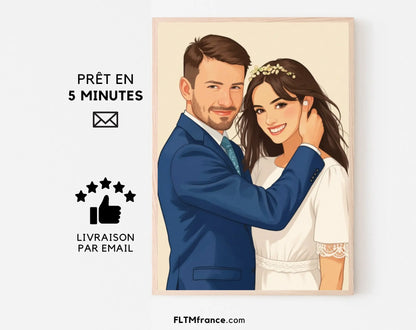 Affiche personnalisée dessin réaliste de couple - Portrait digital illustration FLTM