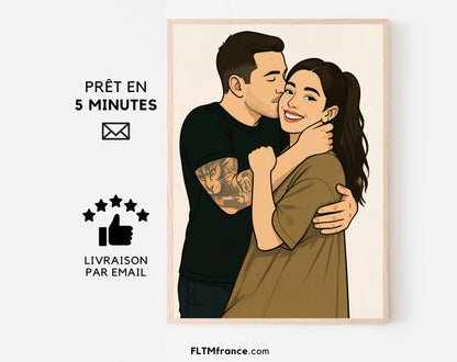 Affiche personnalisée dessin réaliste de couple - Portrait digital illustration FLTM