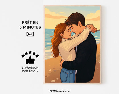 Affiche personnalisée dessin réaliste de couple - Portrait digital illustration FLTM