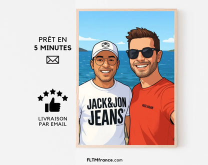 Affiche personnalisée dessin réaliste de couple - Portrait digital illustration FLTM