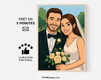 Affiche personnalisée dessin réaliste de couple - Portrait digital illustration FLTM