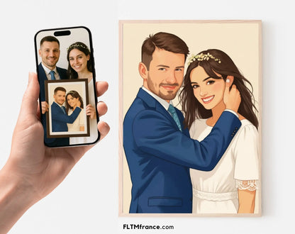 Affiche personnalisée dessin réaliste de couple - Portrait digital illustration FLTM