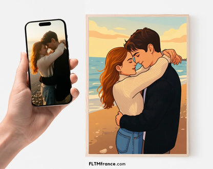 Affiche personnalisée dessin réaliste de couple - Portrait digital illustration FLTM