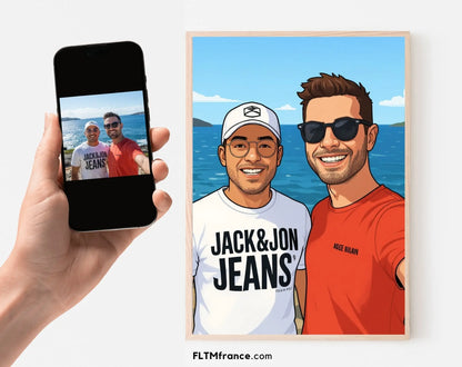 Affiche personnalisée dessin réaliste de couple - Portrait digital illustration FLTM