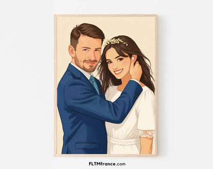 Affiche personnalisée dessin réaliste de couple - Portrait digital illustration FLTM