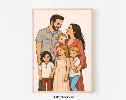 Affiche personnalisée dessin réaliste de famille – Portrait digital illustration FLTM