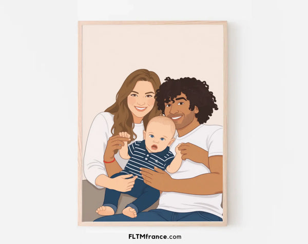 Affiche personnalisée dessin réaliste de famille - Portrait digital illustration