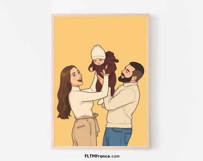 Affiche personnalisée dessin réaliste de famille – Portrait digital illustration FLTM