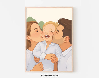 Affiche personnalisée dessin réaliste de famille – Portrait digital illustration FLTM