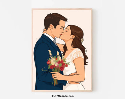 Affiche personnalisée dessin réaliste de mariage – Portrait digital illustration FLTM