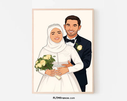Affiche personnalisée dessin réaliste de mariage – Portrait digital illustration FLTM