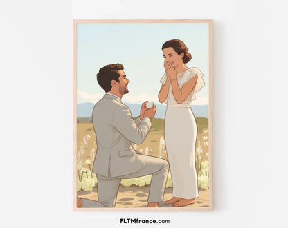 Affiche personnalisée dessin réaliste demande en fiançailles – Portrait digital illustration FLTM