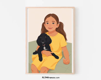 Affiche personnalisée dessin réaliste famille avec animal – Portrait digital illustration FLTM