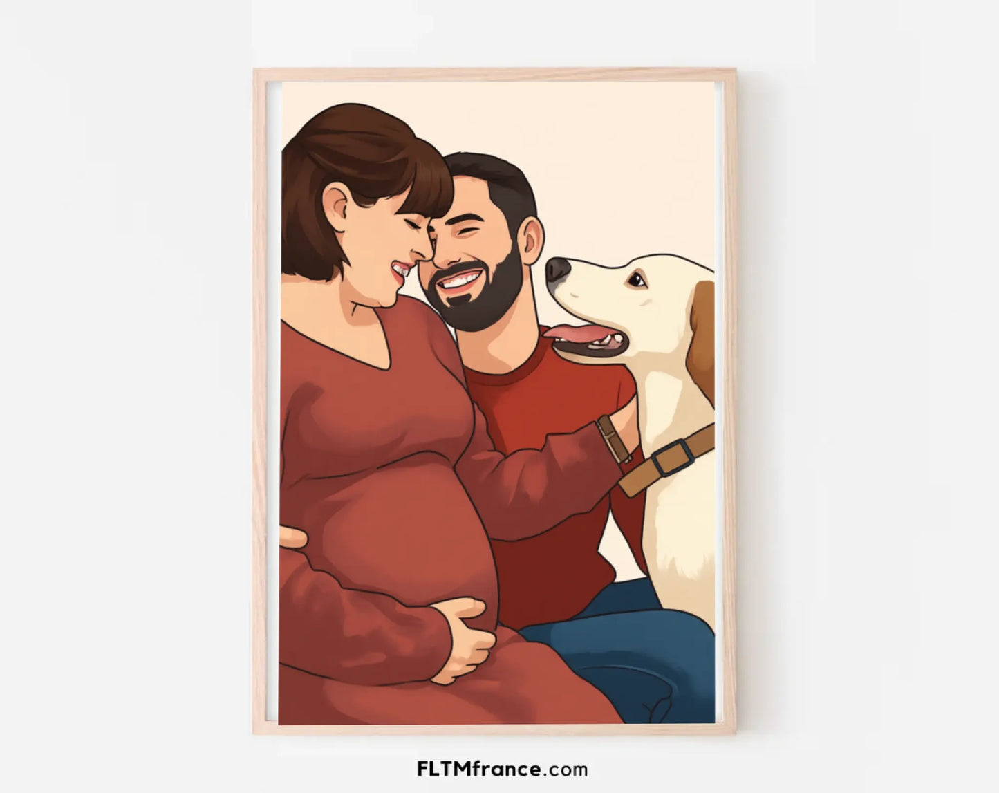 Affiche personnalisée dessin réaliste famille avec animal – Portrait digital illustration FLTM