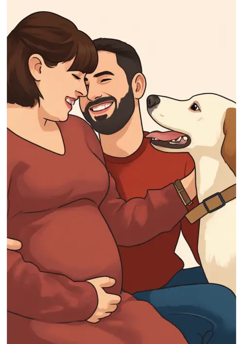 Affiche personnalisée dessin réaliste famille avec animal – Portrait digital illustration FLTM