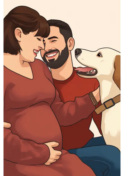 Affiche personnalisée dessin réaliste famille avec animal – Portrait digital illustration FLTM