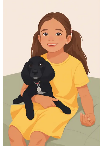 Affiche personnalisée dessin réaliste famille avec animal – Portrait digital illustration FLTM