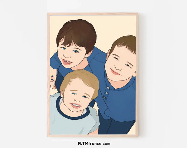 Affiche personnalisée dessin réaliste frères et sœurs – Portrait digital illustration