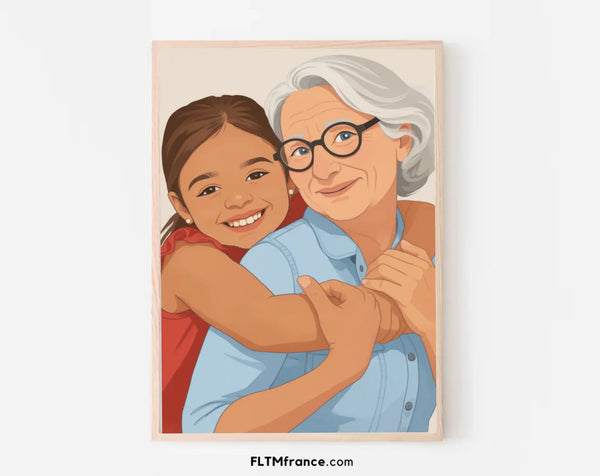 Affiche personnalisée dessin réaliste grands-parents et petits-enfants – Portrait digital illustration