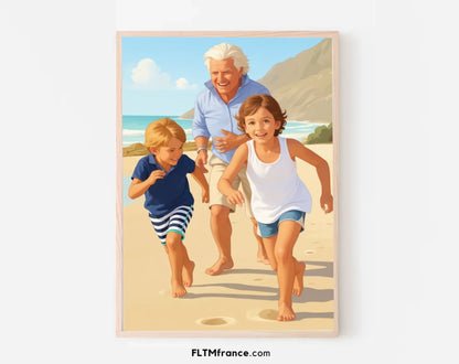 Affiche personnalisée dessin réaliste grands-parents et petits-enfants – Portrait digital illustration FLTM