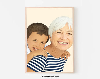 Affiche personnalisée dessin réaliste grands-parents et petits-enfants – Portrait digital illustration FLTM