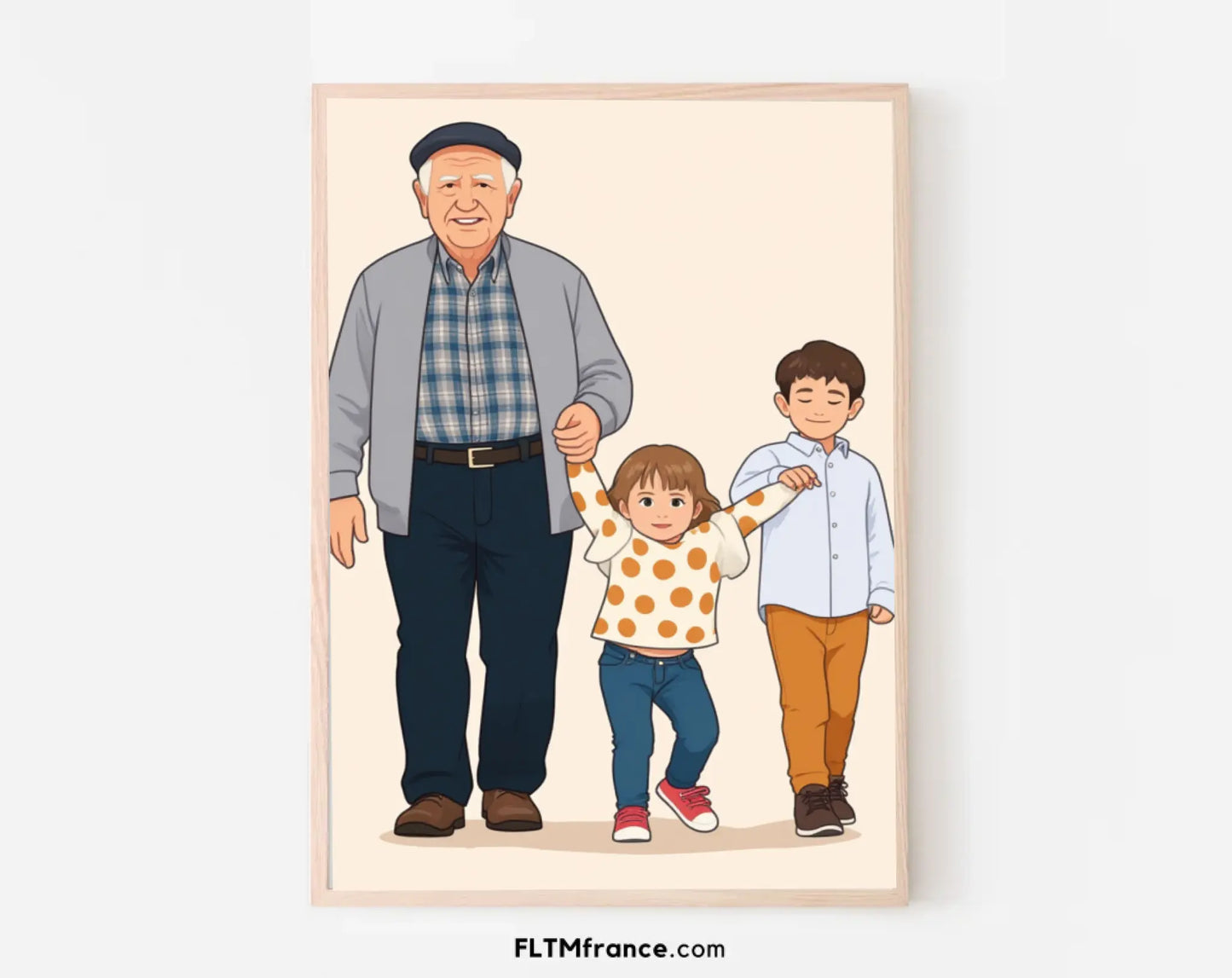 Affiche personnalisée dessin réaliste grands-parents et petits-enfants – Portrait digital illustration FLTM