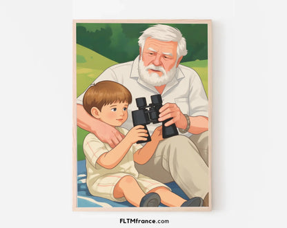 Affiche personnalisée dessin réaliste grands-parents et petits-enfants – Portrait digital illustration FLTM