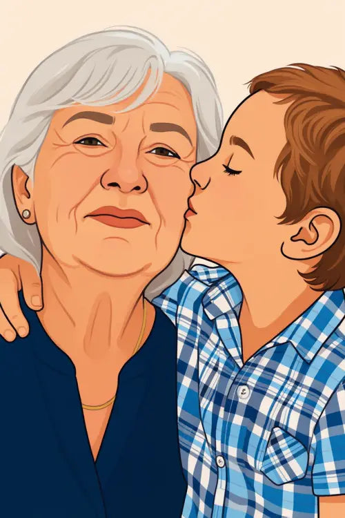 Affiche personnalisée dessin réaliste grands-parents et petits-enfants – Portrait digital illustration FLTM