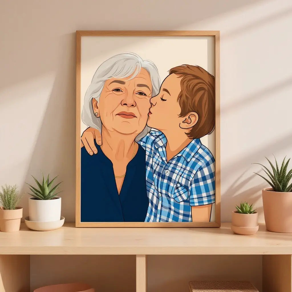 Affiche personnalisée dessin réaliste grands-parents et petits-enfants – Portrait digital illustration FLTM