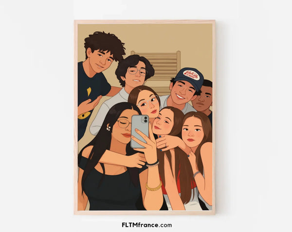 Affiche personnalisée dessin réaliste groupe d’amis – Portrait digital illustration