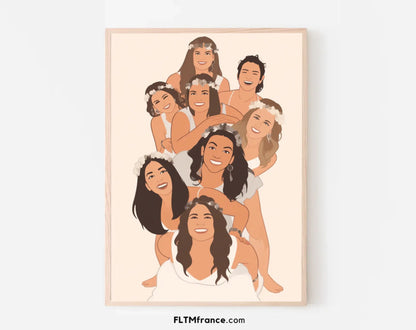 Affiche personnalisée dessin réaliste groupe d’amis – Portrait digital illustration FLTM