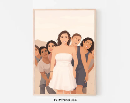 Affiche personnalisée dessin réaliste groupe d’amis – Portrait digital illustration FLTM