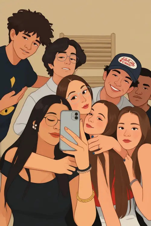 Affiche personnalisée dessin réaliste groupe d’amis – Portrait digital illustration FLTM